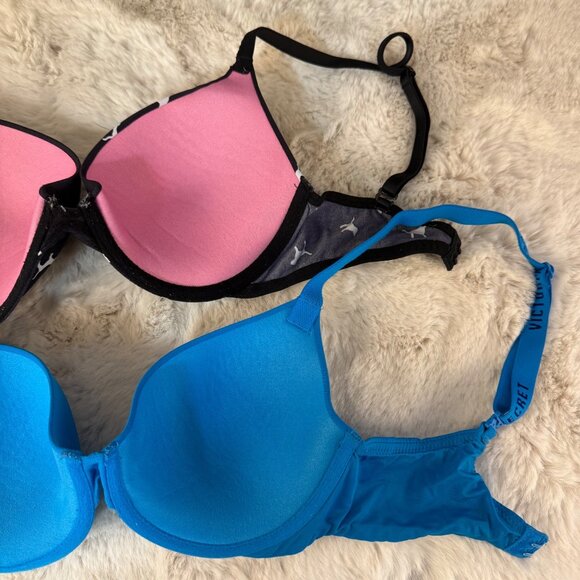 Set of 2 Victoria's Secret; Black Dog Print & Blue Push-Up Bras Sz 32D - Picture 5 of 6